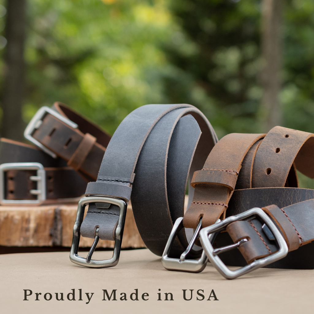 Grouping of distressed leather belts all with nickel free buckles. Proudly Made in USA