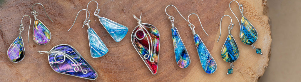 Multicolored Dichroic Glass Earrings with nickel free french hooks.  Made in North Carolina