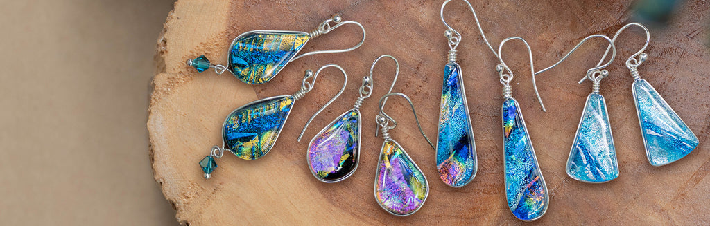 Nickel Free Dichroic Glass Earring.  Various colors.  Different sizes and shapes.  If you'd like specific colors, please call and we will hand pick 704-947-1917