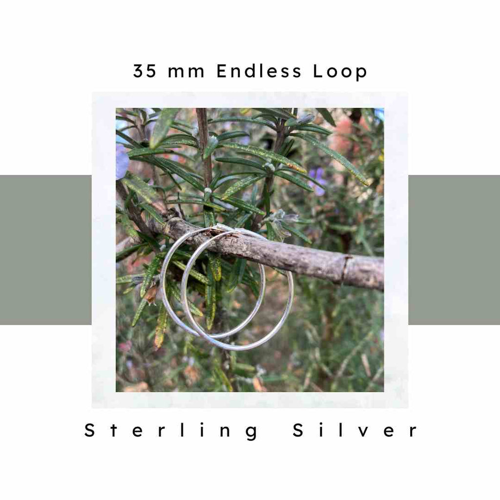 35 mm sterling silver hoop earrings with endless loop closure. 1.5 mm thick. Nickel Free
