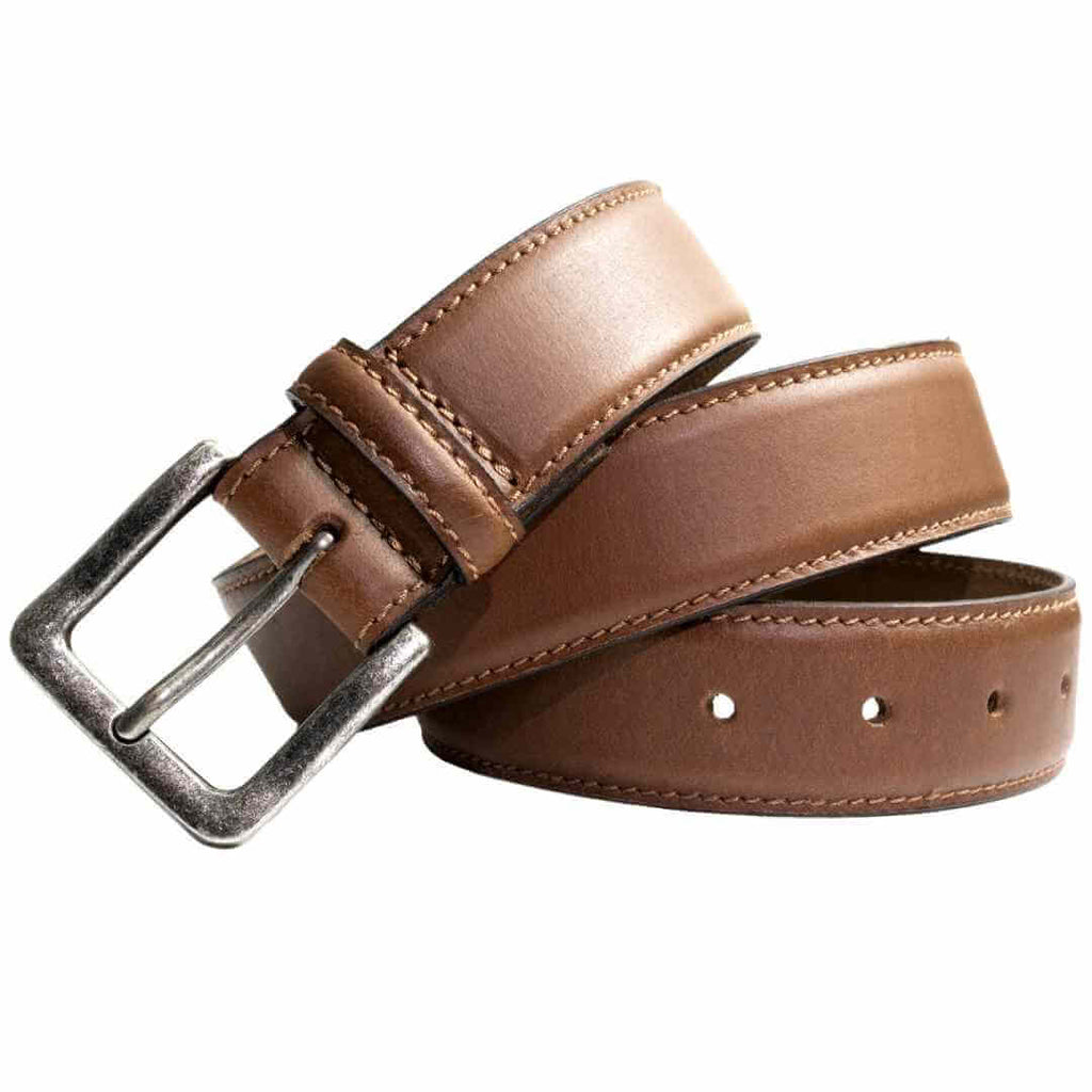 Explorer Tan Belt. Square buckle with rounded corners. Classic dress belt styling; tapered belt end.