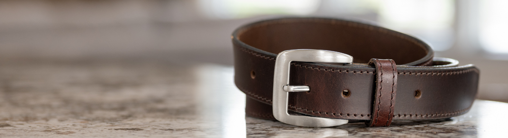 Casual Brown Leather Belt sitting on counter top