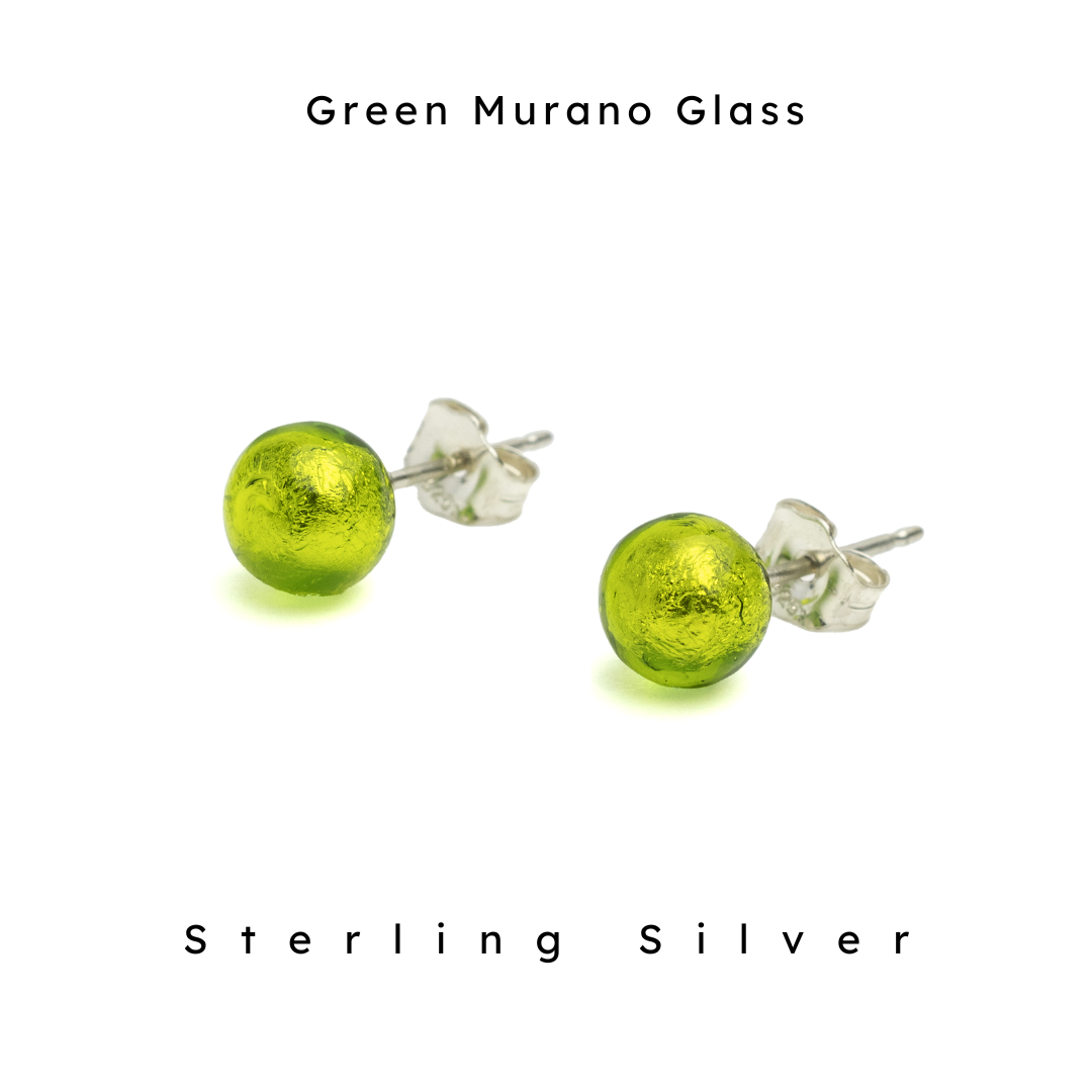 5-6 mm light green Murano glass ball earrings with butterfly backing. Nickel Smart. Hypoallergenic.