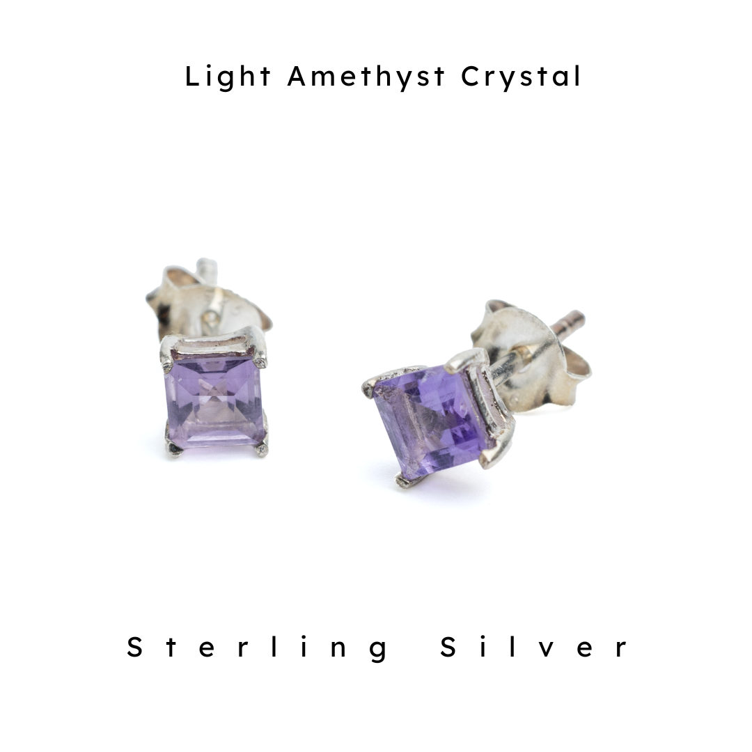 4 mm square Amethyst crystal earrings with sterling silver post. Nickel Free and hypoallergenic. 