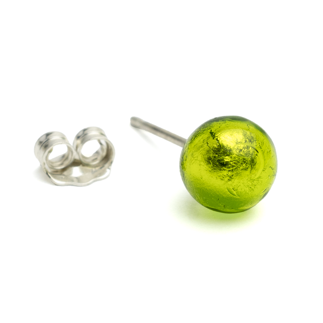 5-6 mm light green Murano glass ball earrings with butterfly backing. Nickel Free Hypoallergenic.