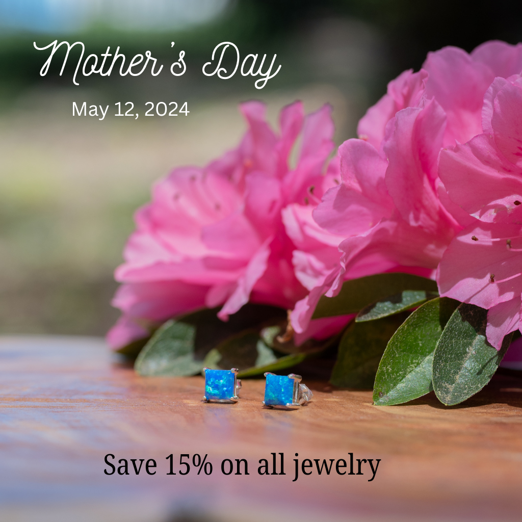 Mother's Day Slider with image of a pair of blue fiery opals and pink azaleas. Save 15% on all jewelry. Promo Code: Mom24