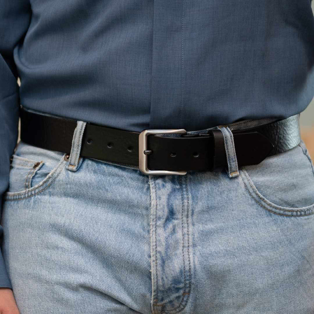 Slightly textured black leather belt strap with gunmetal gray buckle. Nickel Free Buckle