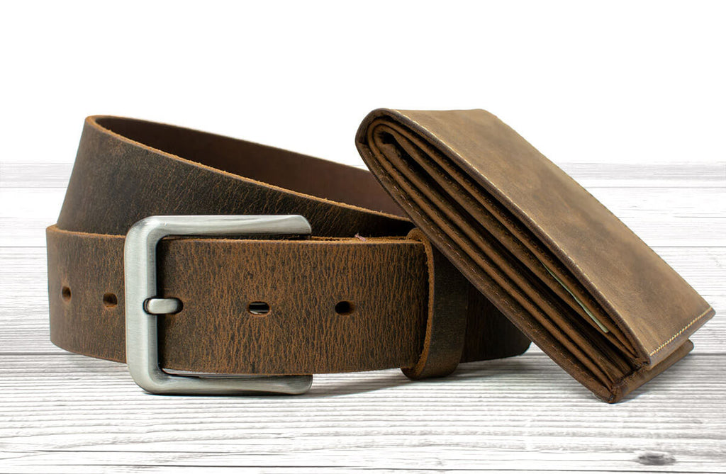 Image of Roan Mountain Distressed Brown Leather Belt with a matching bifold wallet