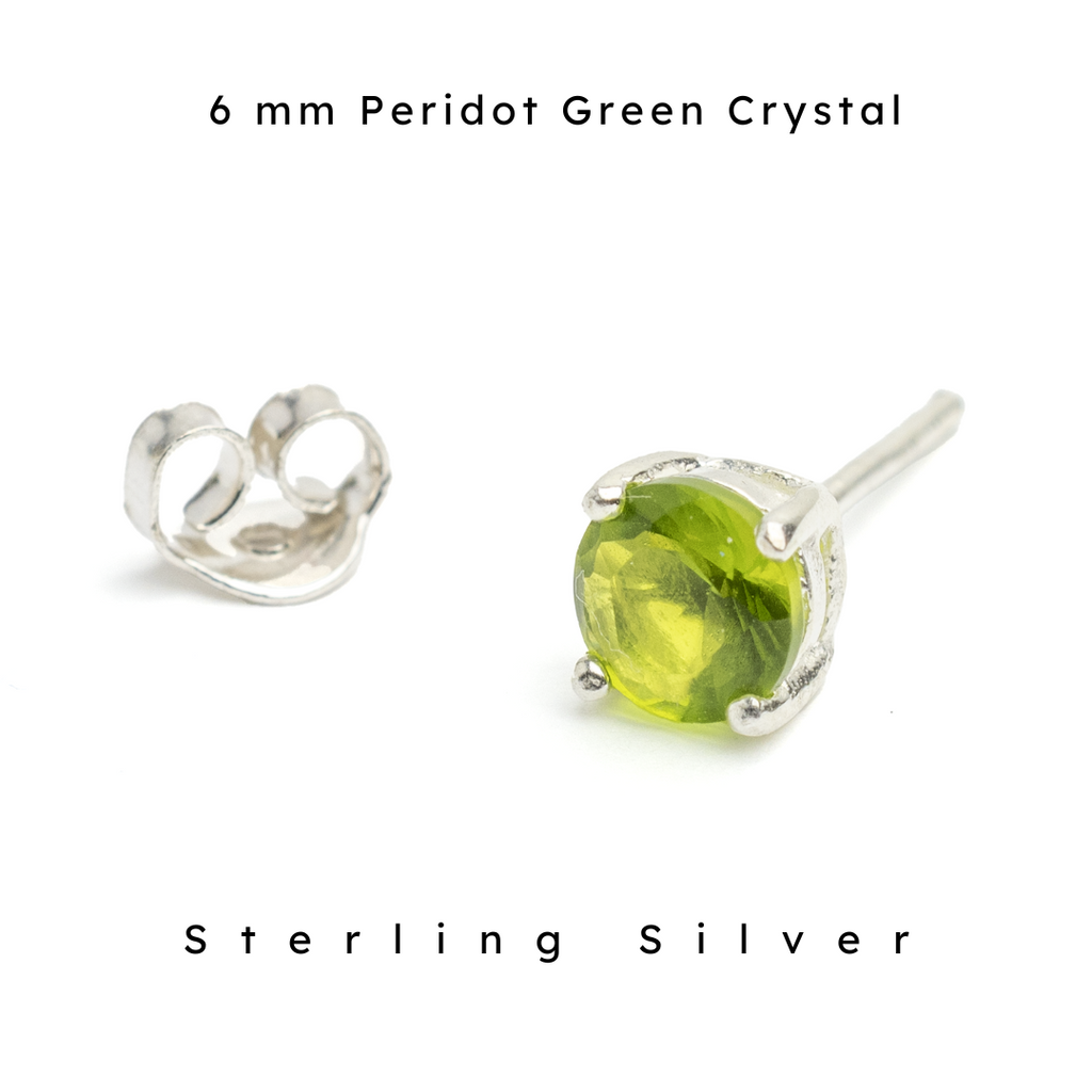 6 mm peridot green crystal stone with sterling silver post with butterfly closure