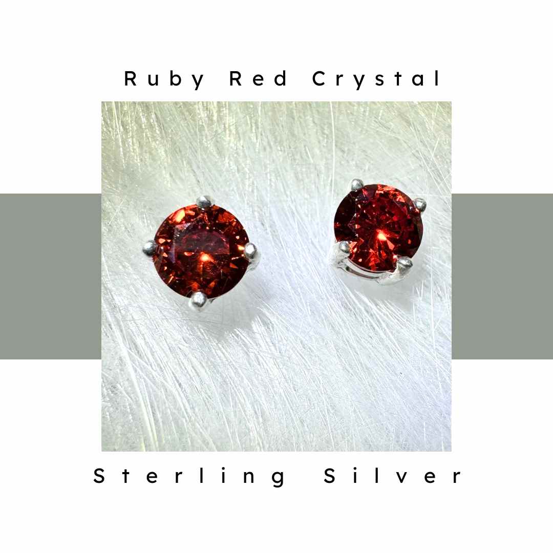 6 mm red crystal stone with sterling silver post. Nickel Free and hypoallergenic. Nickel Smart.