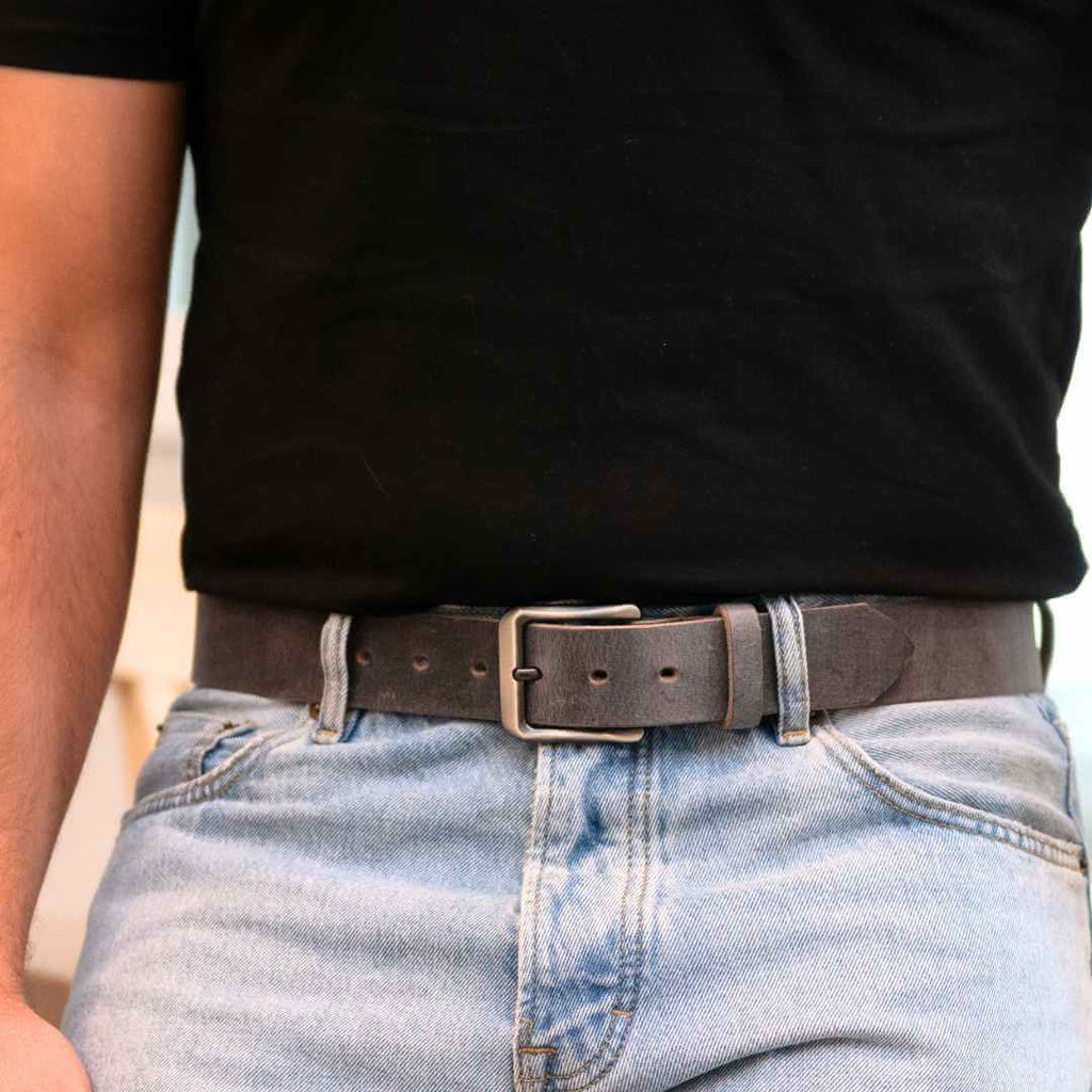 Distressed Gray Leather Belt. 1.5 Inch Wide Strap. Nickel Free Buckle. Single Prong. Hypoallergenic