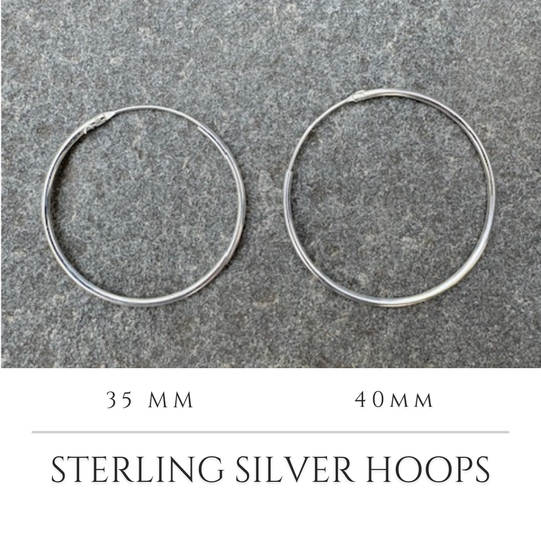 Comparison of 35mm and 40mm sterling silver hoop earrings to visualize size difference. Nickel Free