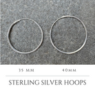 Comparison of 35mm and 40mm sterling silver hoop earrings to visualize size difference. Nickel Free