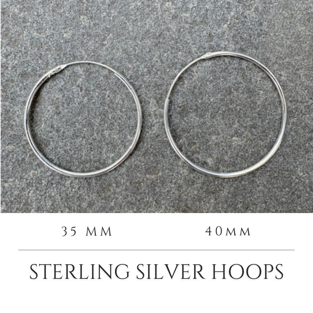 Comparison of 35mm and 40mm sterling silver hoop earrings to visualize size difference. Nickel Free