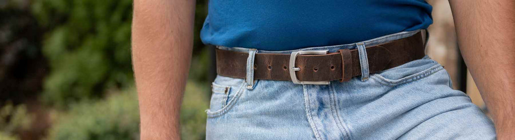 Image of Urbanite Distressed Brown Leather belt with nickel free buckle featuring a low profile buckle.