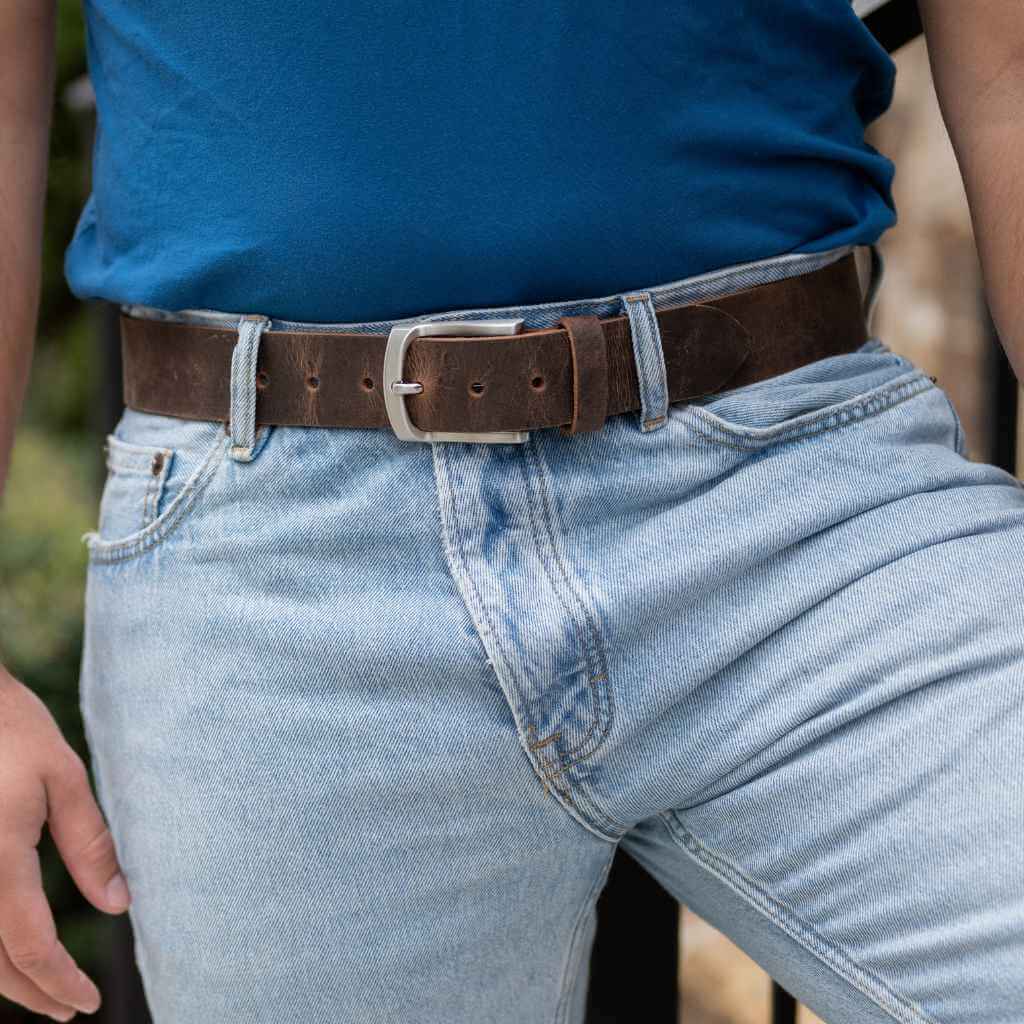 Image of Urbanite Distressed Brown Leather belt with nickel free buckle featuring a low profile buckle.