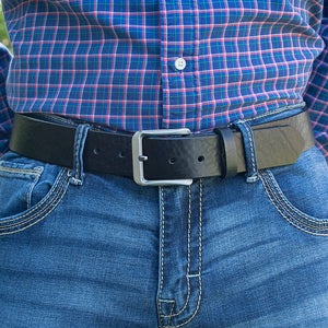 Image of New River Black Leather Belt.  Gently rippled black leather with silver nickel free buckle sewn on.