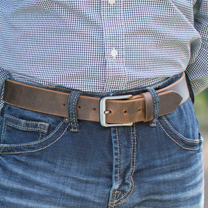 Image of Roan Mountain Distressed Leather Belt.  Brown distressed leather with silver nickel free buckle sewn on.