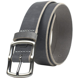 Image of Cold Mountain Distressed Gray Leather Belt.  Gray full grain leather with a nickel free buckle. Buckle can also be used as a bottle opener.