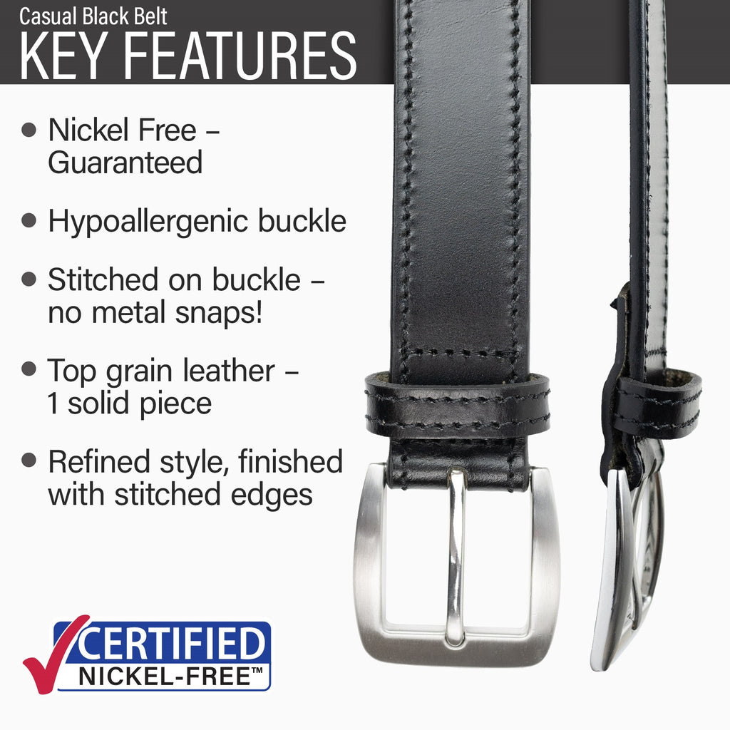 Nickel free/hypoallergenic buckle; solid piece of top grain leather; stitched edges
