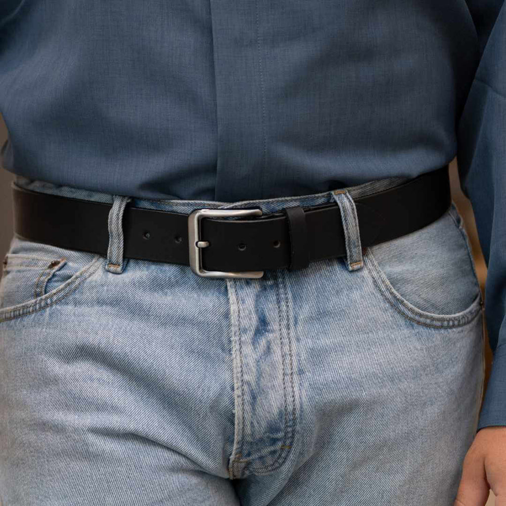 Matte black leather belt 1.5 inch wide strap with gun metal gray nickel free buckle. single prong