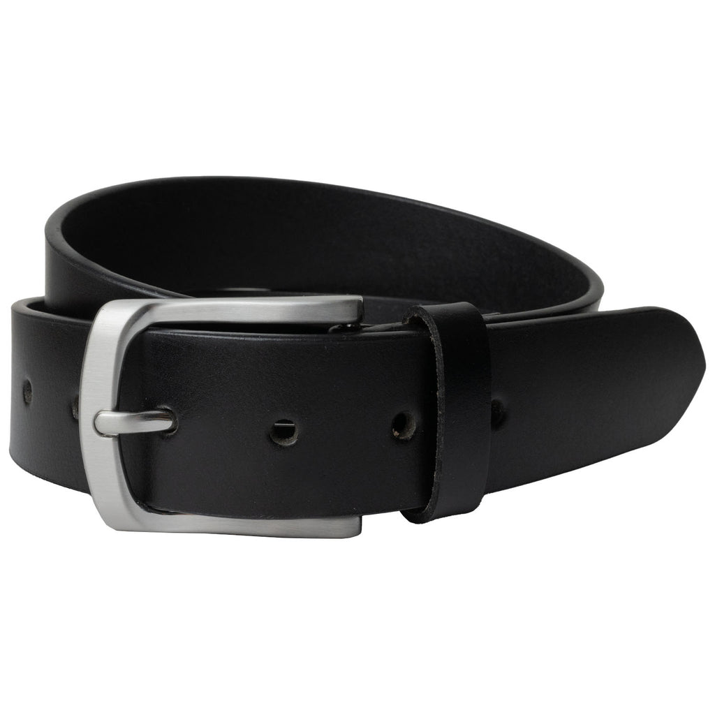 Urbanite Black Leather Belt latched and coiled. Single-pin with rounded edges, designed to lay flat.