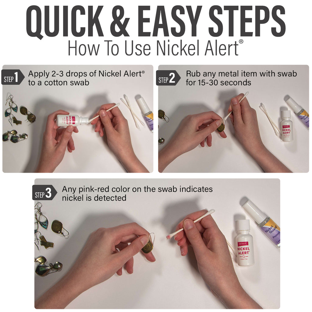 How to use: Apply 2-3 drops to swab. Rub metal item for 30 seconds. Pink-red color indicates nickel.