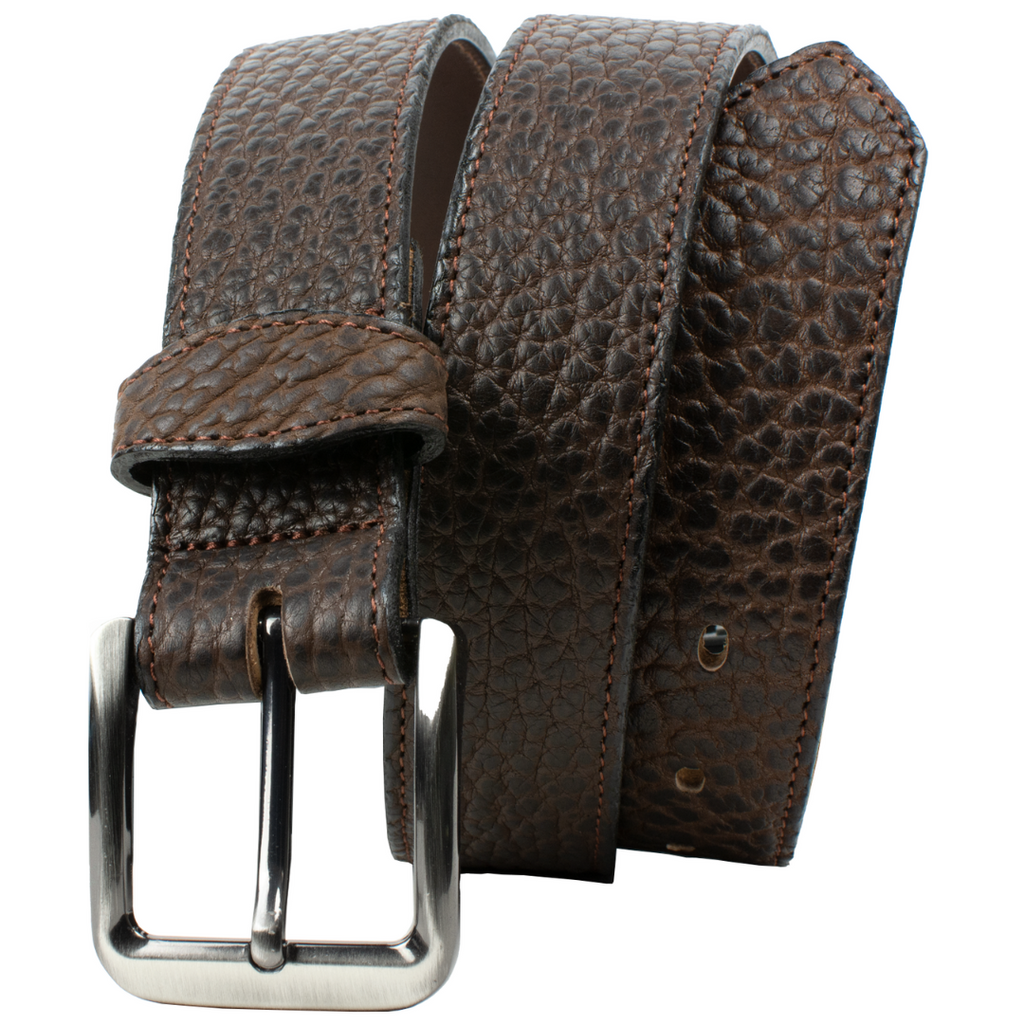 Austin Brown Bison Leather Belt. Casually rounded buckle sewn directly to strap; no metal snaps.