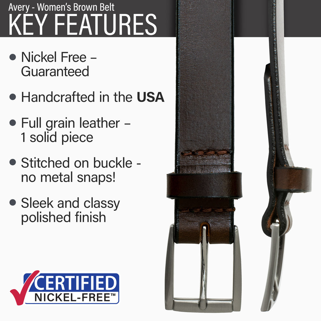 Hypoallergenic zinc buckle stitched on to full grain leather strap, made in the USA, polished finish