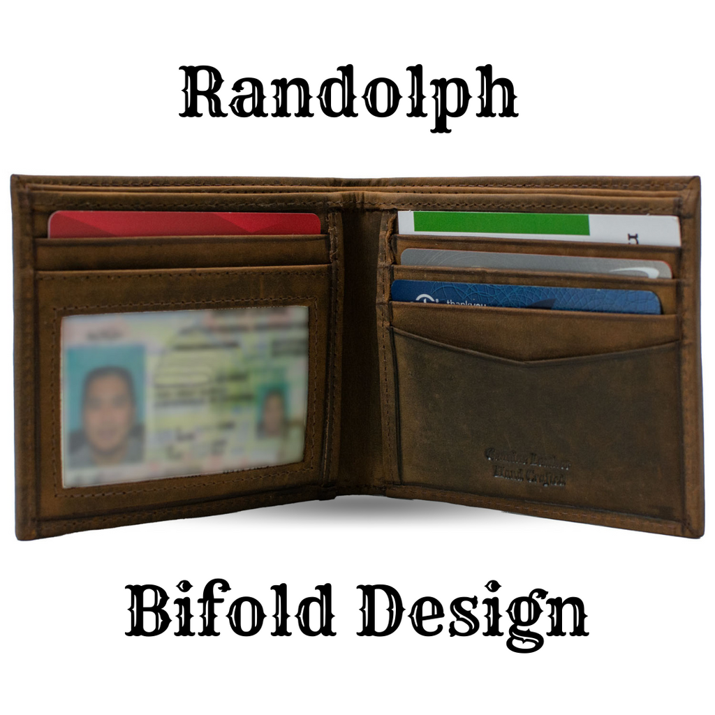 Randolph bifold design. Open to show interior pockets and ID window. Also features cash pockets.