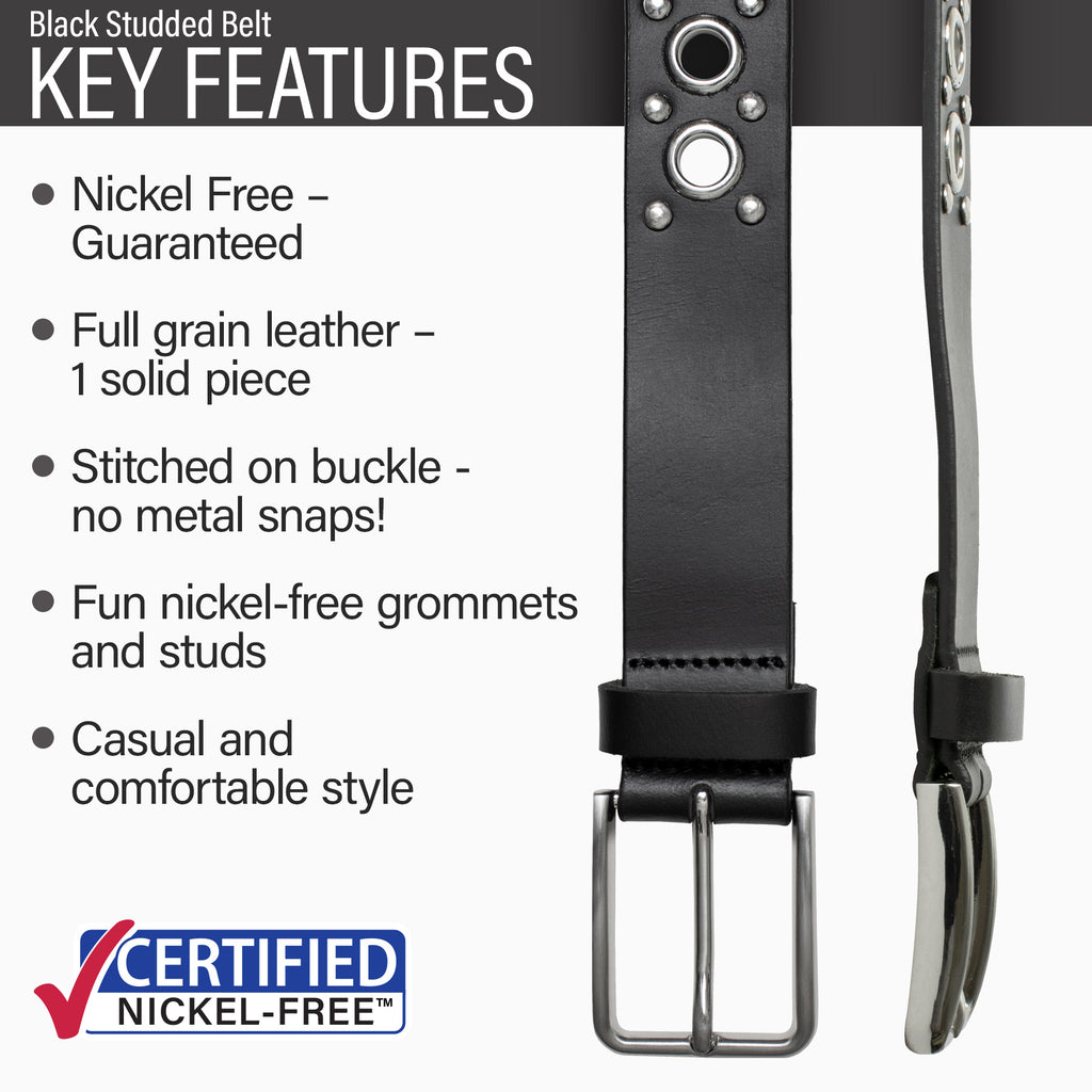 Hypoallergenic buckle stitched to full grain leather strap, nickel-free grommets and studs, casual