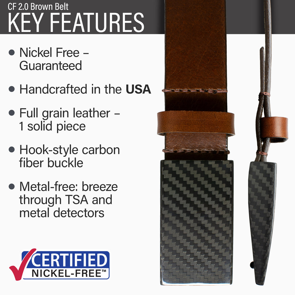 Solid full grain leather strap; hook style carbon fiber buckle; completely metal-free; TSA friendly.