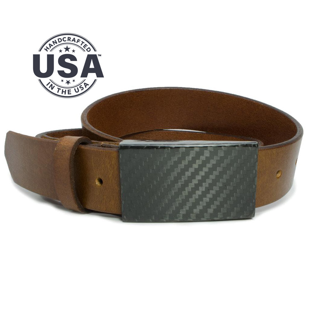 CF 2.0 Brown Belt. Handcrafted in the USA. High-tech look from carbon fiber weave buckle.