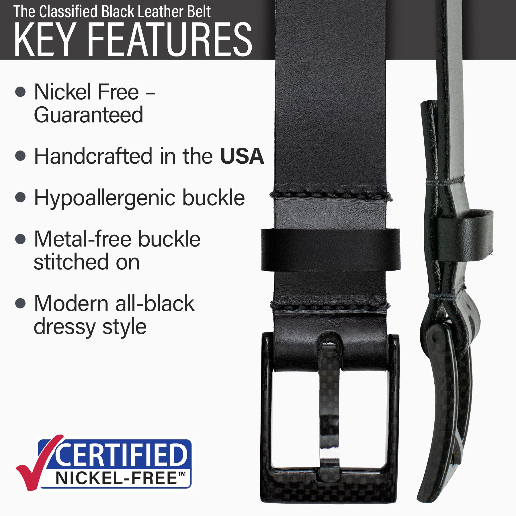 Hypoallergenic nickel-free buckle, made in the USA, modern style, metal-free carbon fiber buckle