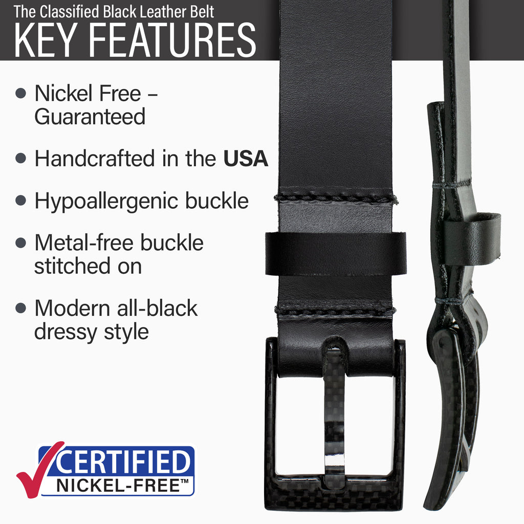 Hypoallergenic nickel-free buckle, made in the USA, modern style, metal-free carbon fiber buckle