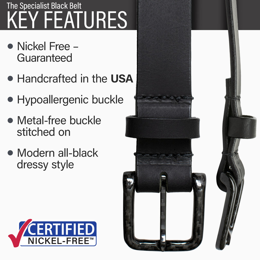 Hypoallergenic nickel-free metal-free carbon fiber buckle stitched on, made in the USA, modern style