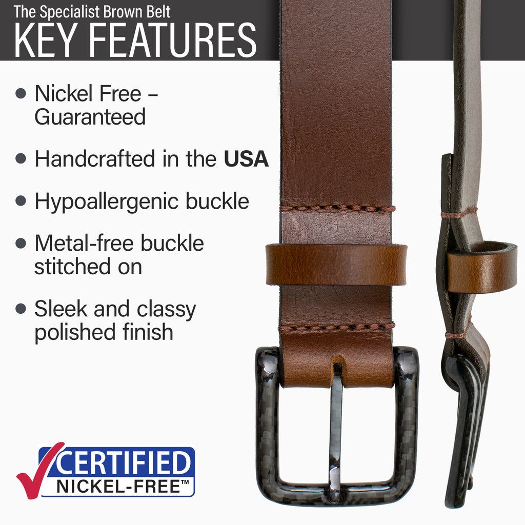 Hypoallergenic nickel-free metal-free carbon fiber buckle stitched on, made in USA, polished finish