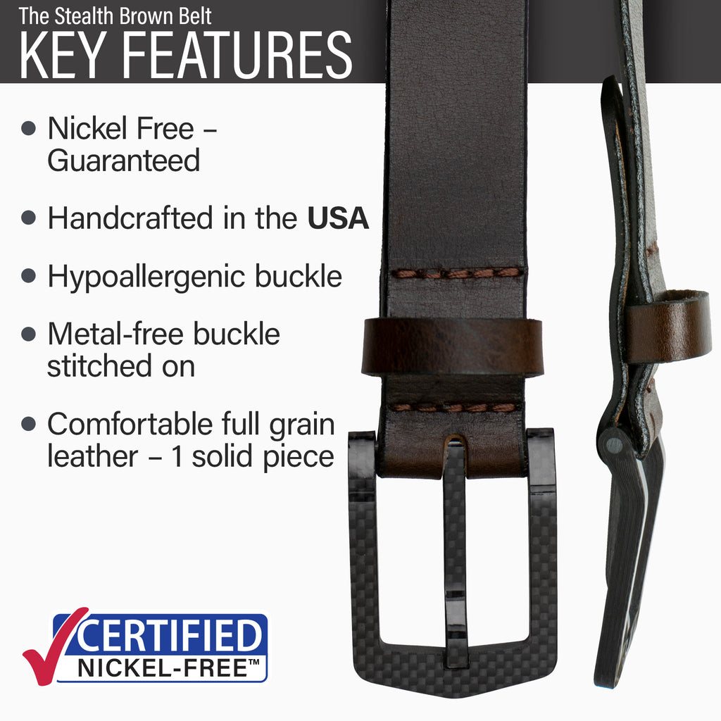 Hypoallergenic metal-free carbon fiber buckle stitched to strap, made in USA, full grain leather.