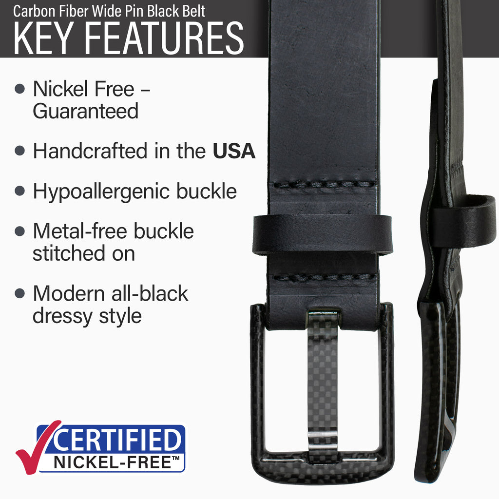 Hypoallergenic metal-free carbon fiber buckle stitched to strap, made in the USA, modern style