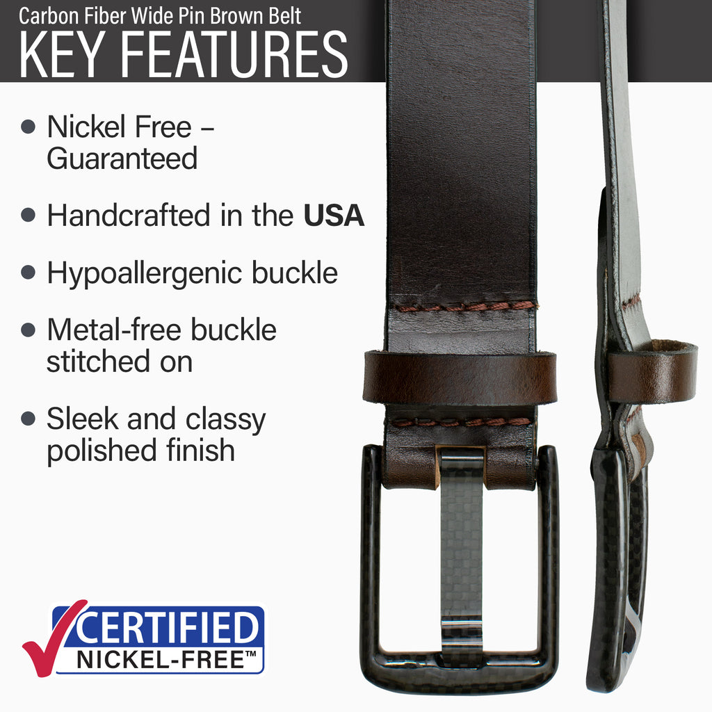 Hypoallergenic nickel-free metal-free carbon fiber buckle stitched on, made in USA, polished finish.