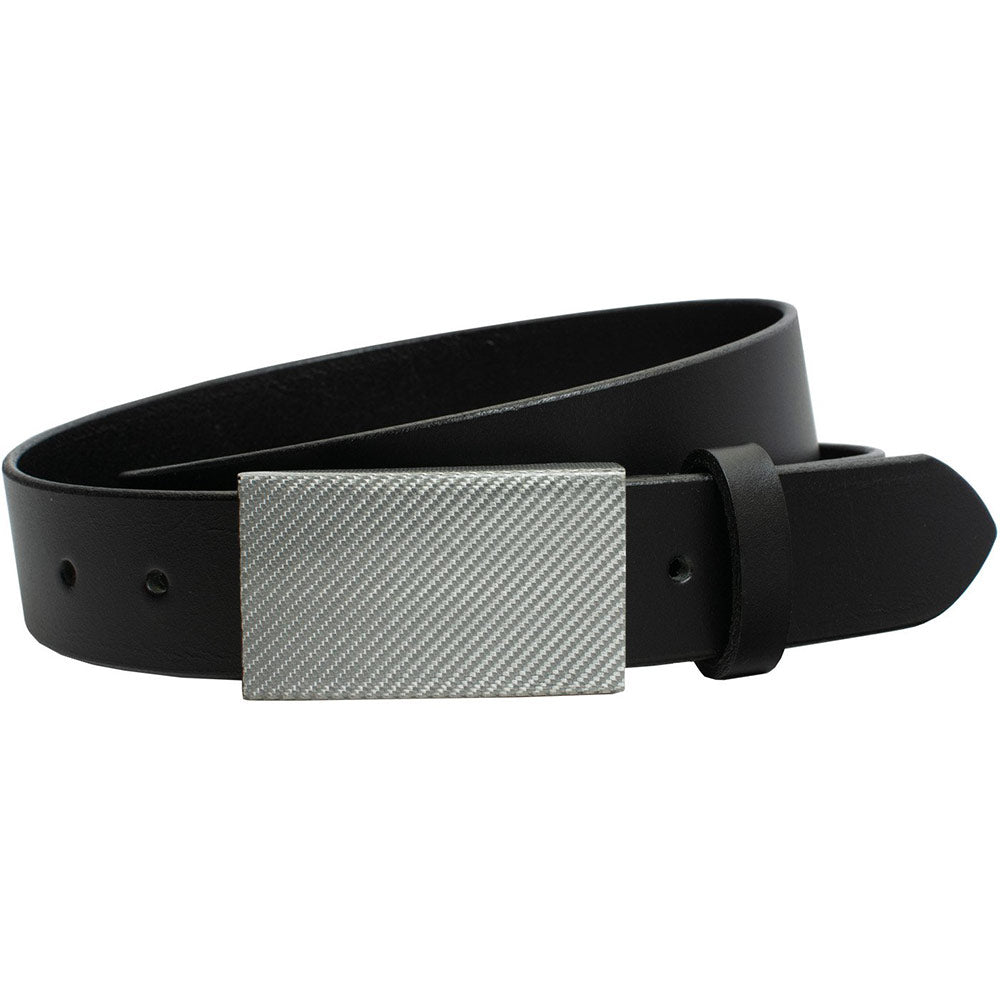 CF 2.0 Black Belt with Silver Weave Buckle. TSA friendly dress belt with unique silver-y hook buckle