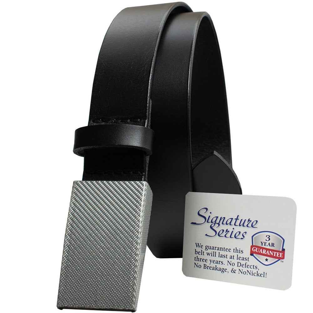 CF 2.0 Black Belt with Silver Weave Buckle by Nickel Smart. Signature Series label. Metal-free belt.