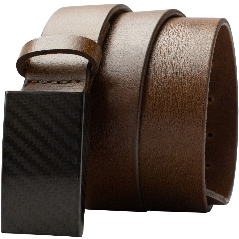 CF 2.0 Brown Belt by Nickel Smart. Brown leather strap, black carbon fiber hook-style buckle.