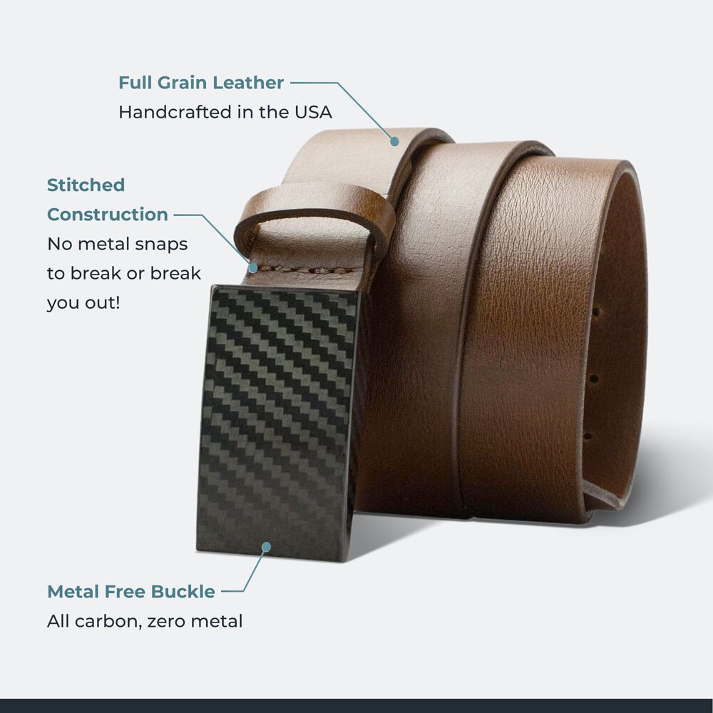 CF 2.0 Brown Belt. Full grain leather; Handcrafted in USA; No metal snaps; Metal free buckle.