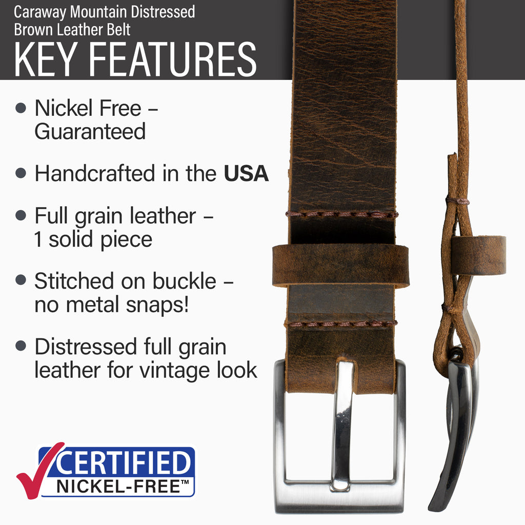 Guaranteed nickel free buckle stitched to solid full grain leathers strap, made in USA, vintage look