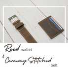 Caraway Mountain belt & Reed card holder. Distressed brown leather. Belt has cream edge stitching. 