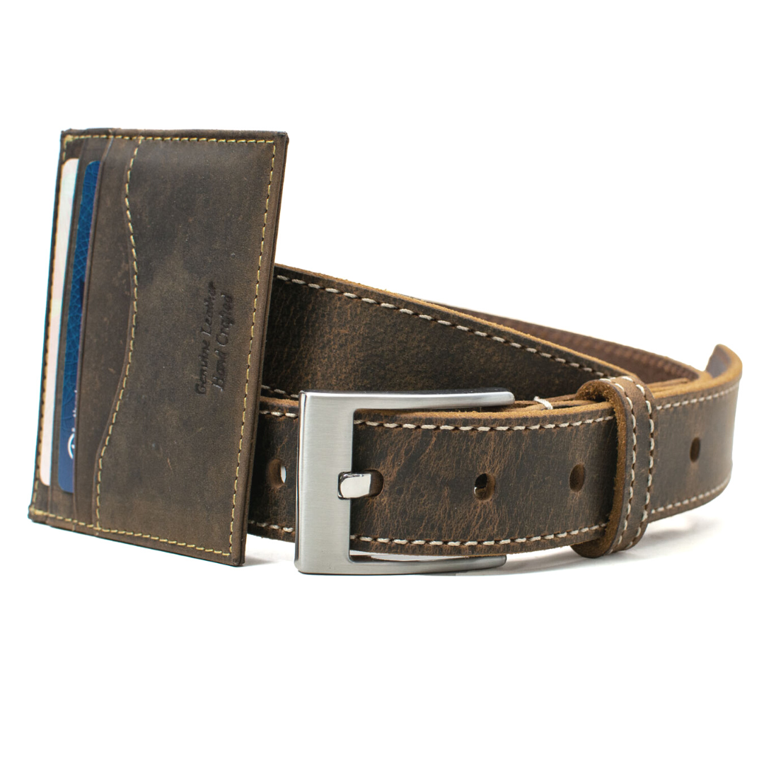 Caraway Mountain belt & Reed card holder. Distressed brown leather. Belt has cream edge stitching. 