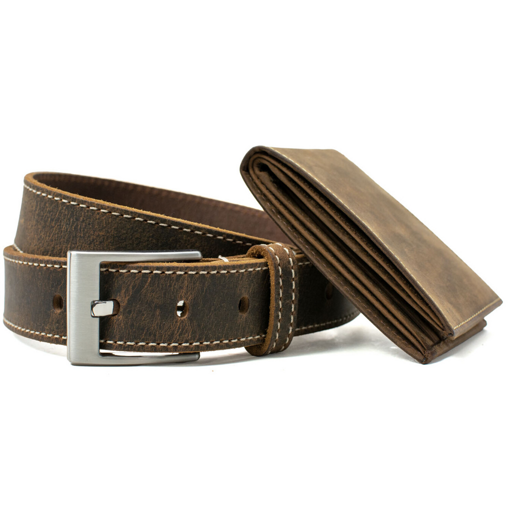 Caraway Mountain belt with Randolph wallet. Distressed brown leather