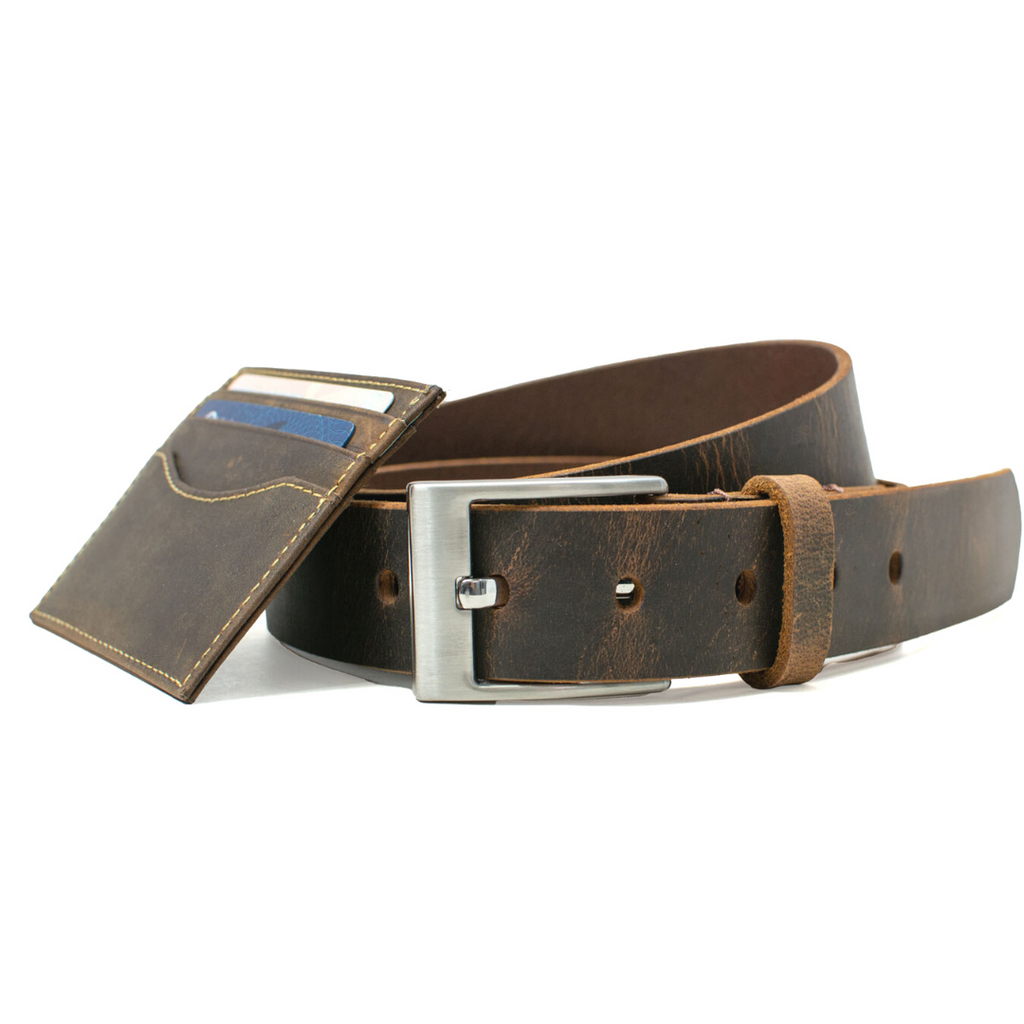 caraway mountain belt with reed card holder. shiny medium brown leather