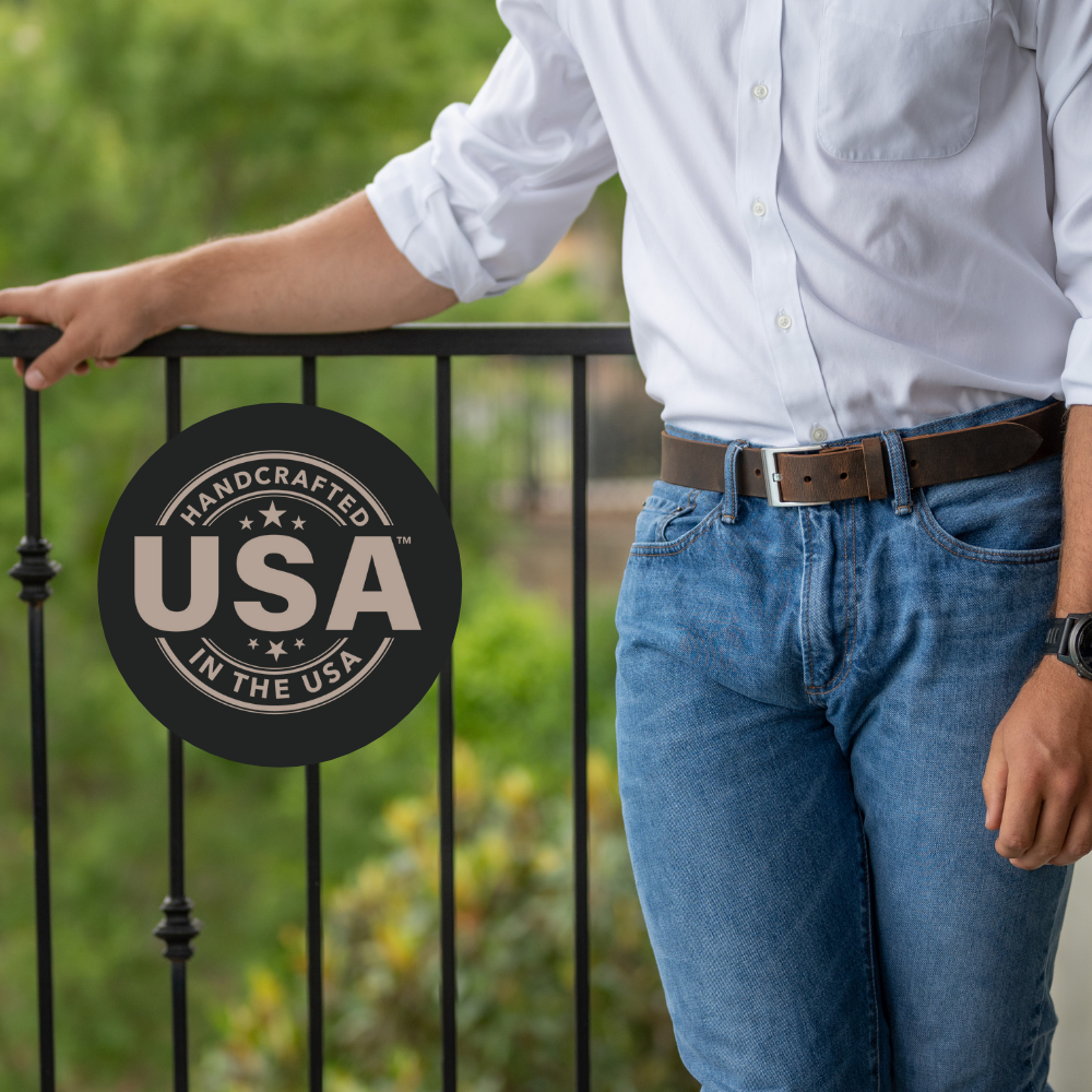 Caraway Mountain Distressed Brown Leather Belt on model in jeans. Handcrafted in the USA.